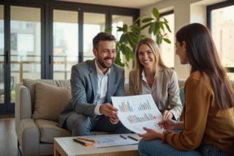 Agent immobilier souriant montrant une analyse d'investissement à un couple