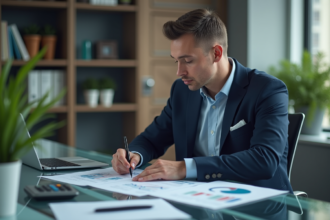 Analyste financier homme en costume dans un bureau moderne