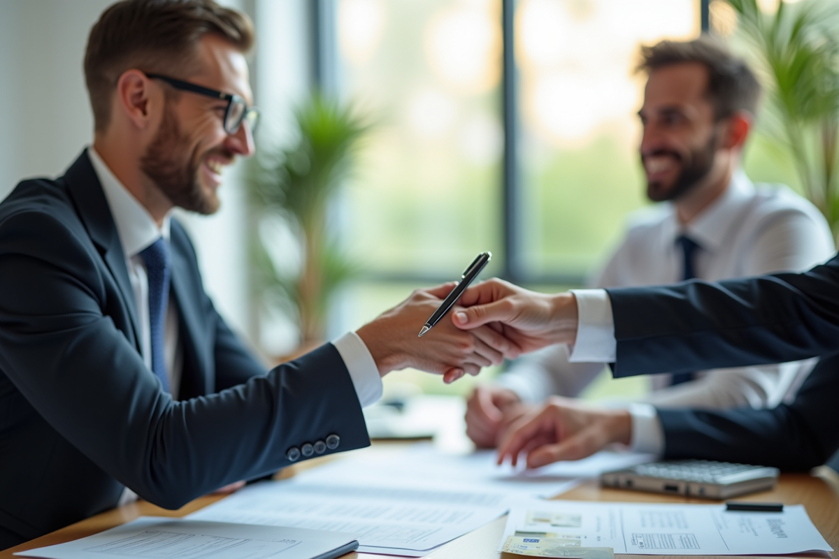 Banquier professionnel remettant un contrat de prêt à un client