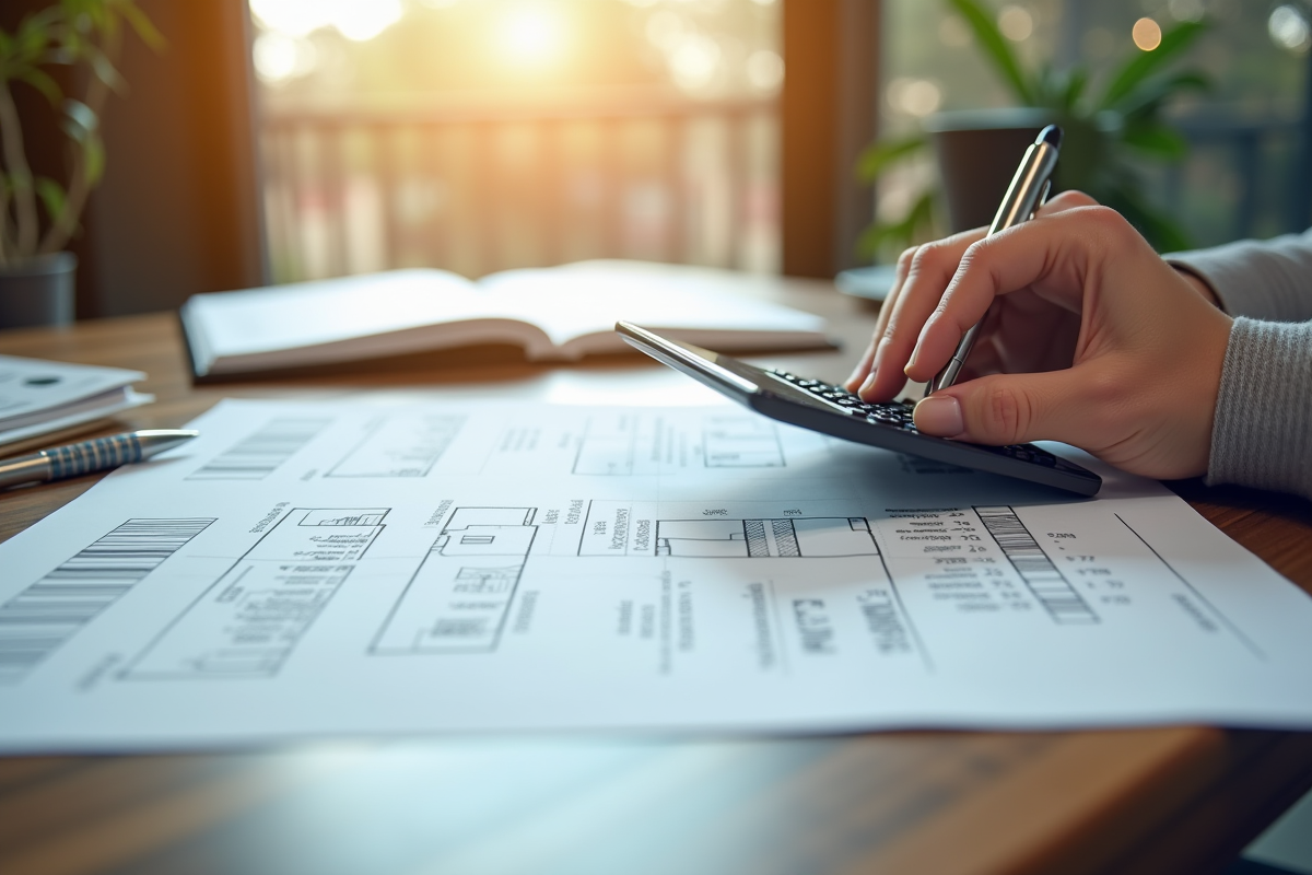 Mains utilisant une calculatrice et un stylo sur des documents immobiliers