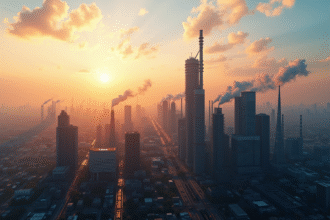 Ciel de ville moderne au lever du soleil avec gratte-ciel et usines