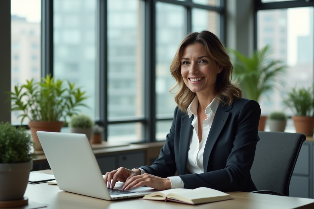 Conseillère bancaire souriante travaillant sur son ordinateur dans son bureau