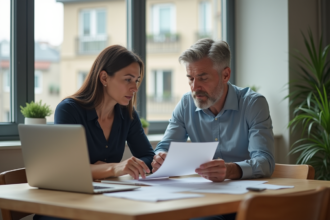 Couple d'adultes examinant des papiers dans une cuisine moderne