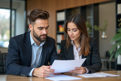 Jeune couple professionnel examinant des documents de prêt immobilier