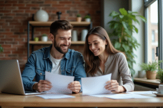 Jeune couple souriant examinant des documents immobiliers