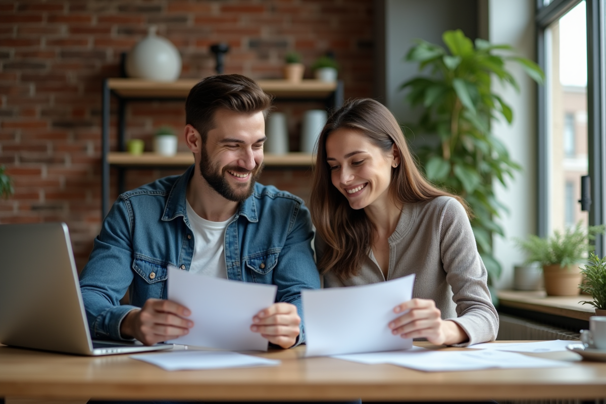Jeune couple souriant examinant des documents immobiliers