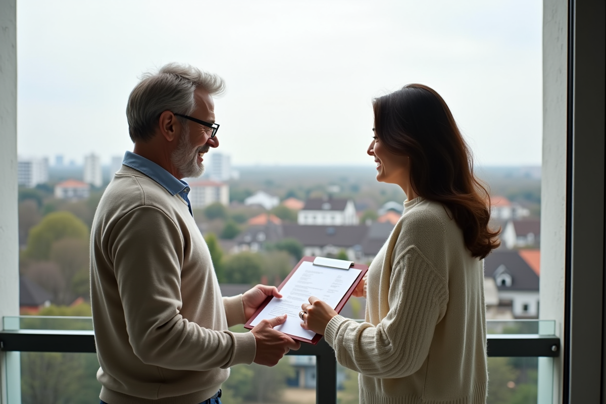Couple discutant de finances sur le balcon avec vue urbaine