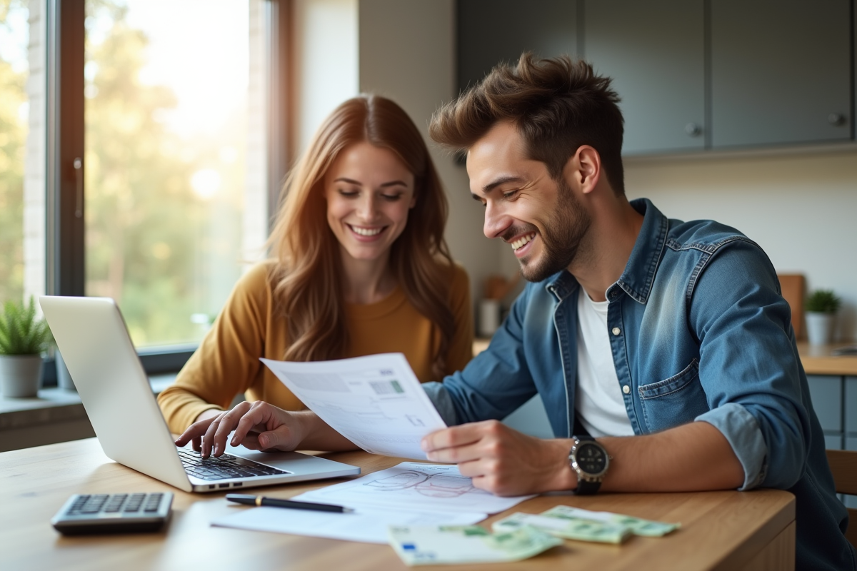 Jeune couple souriant à la cuisine avec documents et euros