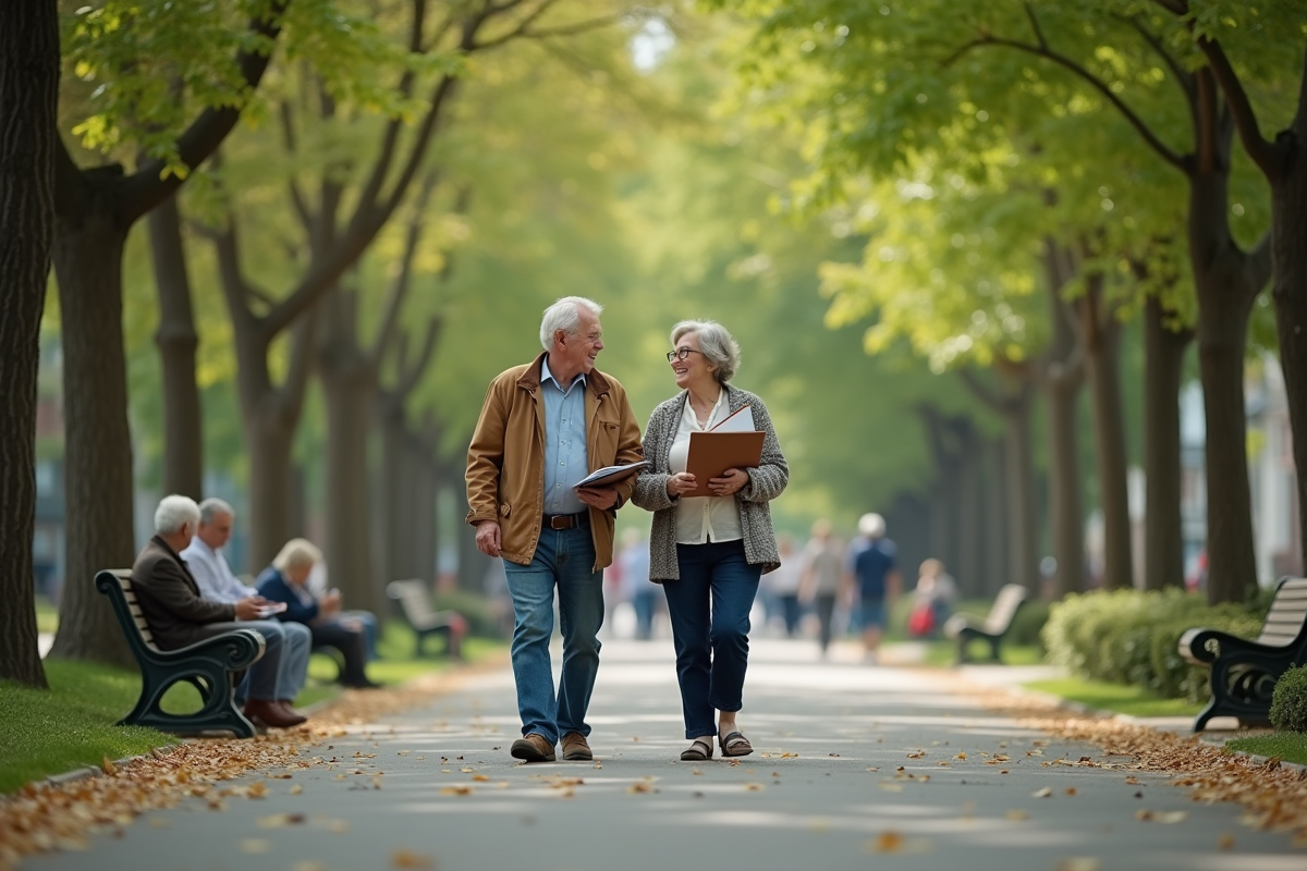Couple retraité marchant dans un parc avec documents en main