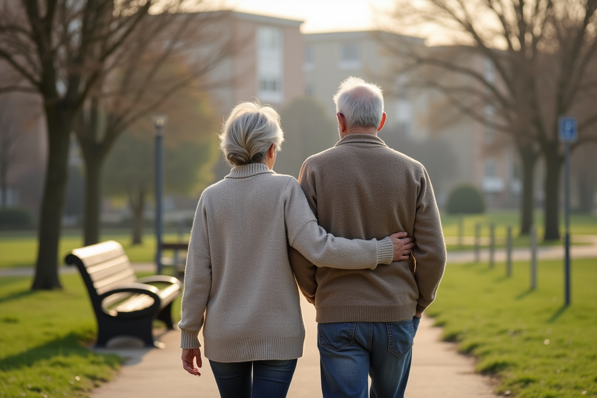 Couple mature se promenant dans un parc urbain