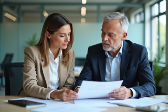 Couple en réunion de pension dans un bureau moderne