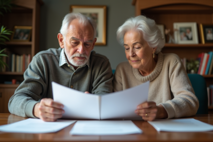 Couple senior regardant des documents dans un bureau chaleureux