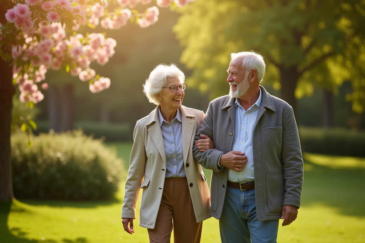 Couple âgé souriant se promenant dans un parc ensoleillé