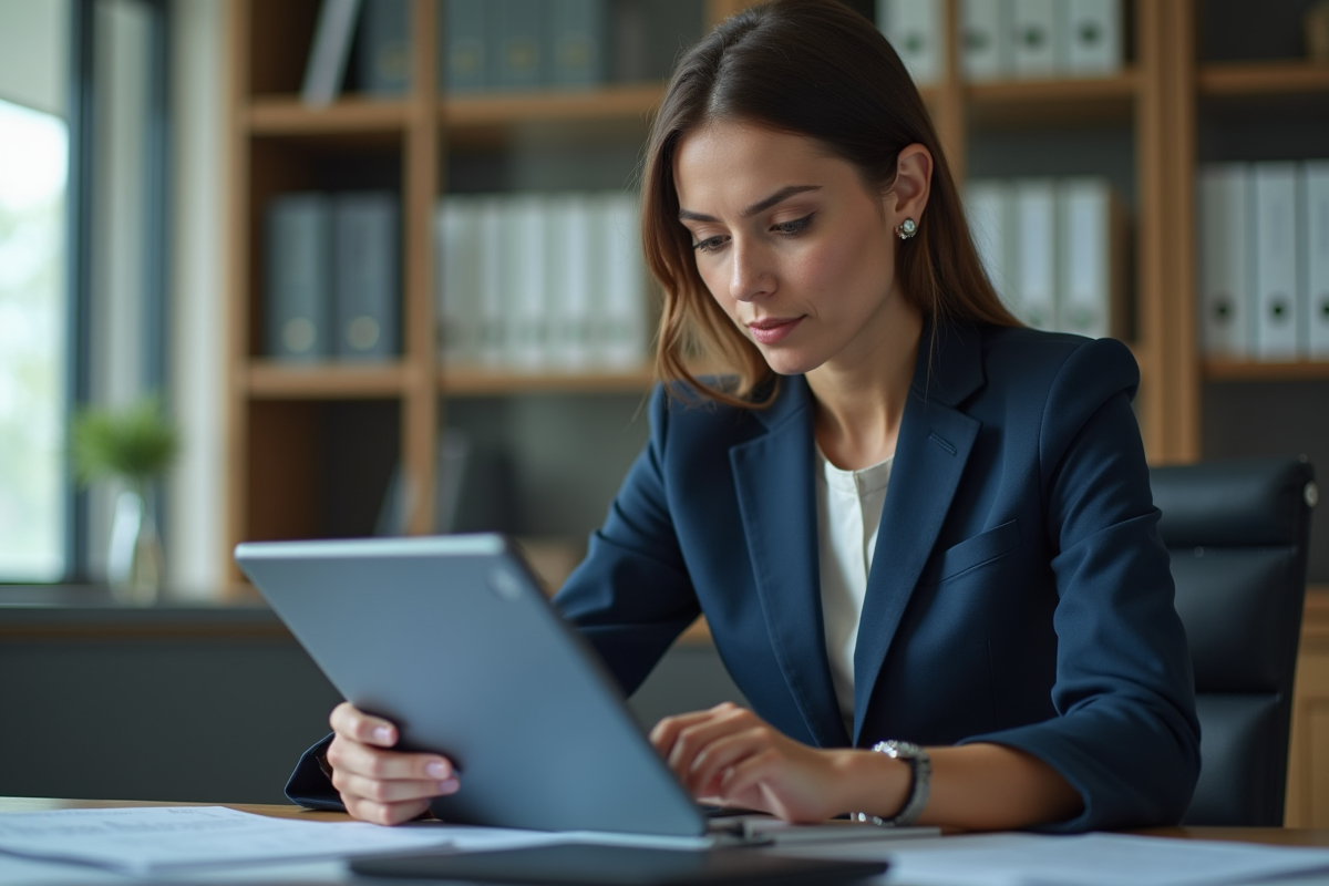 Femme d'affaires en costume bleu examinant des données numériques
