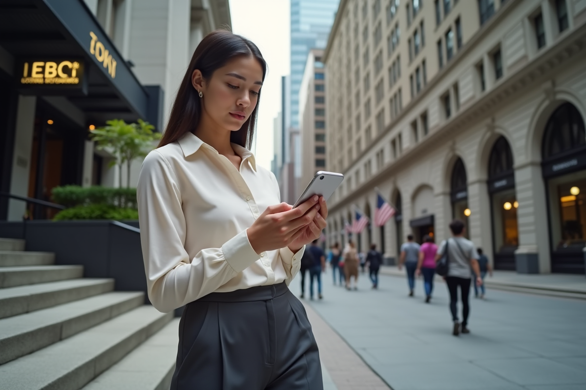 Jeune femme vérifiant les mises à jour boursières dehors