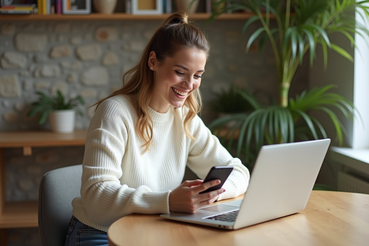 Jeune femme souriante utilisant un ordinateur pour cashback