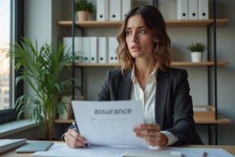 Femme d'affaires préoccupée avec document assurance dans un bureau