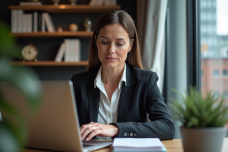 Femme d'âge moyen dans un bureau moderne examine une confirmation de transfert