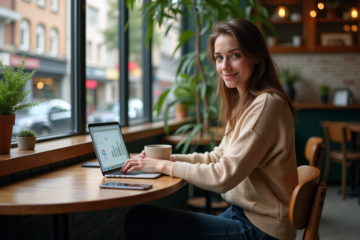 Jeune femme au café travaillant sur un ordinateur avec des analyses