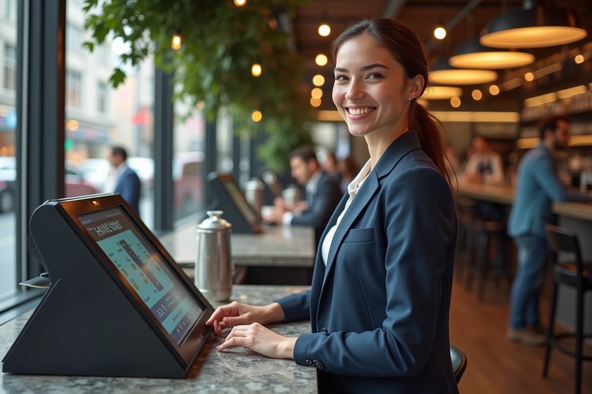 Jeune femme utilisant un ATM de cryptomonnaie dans un café