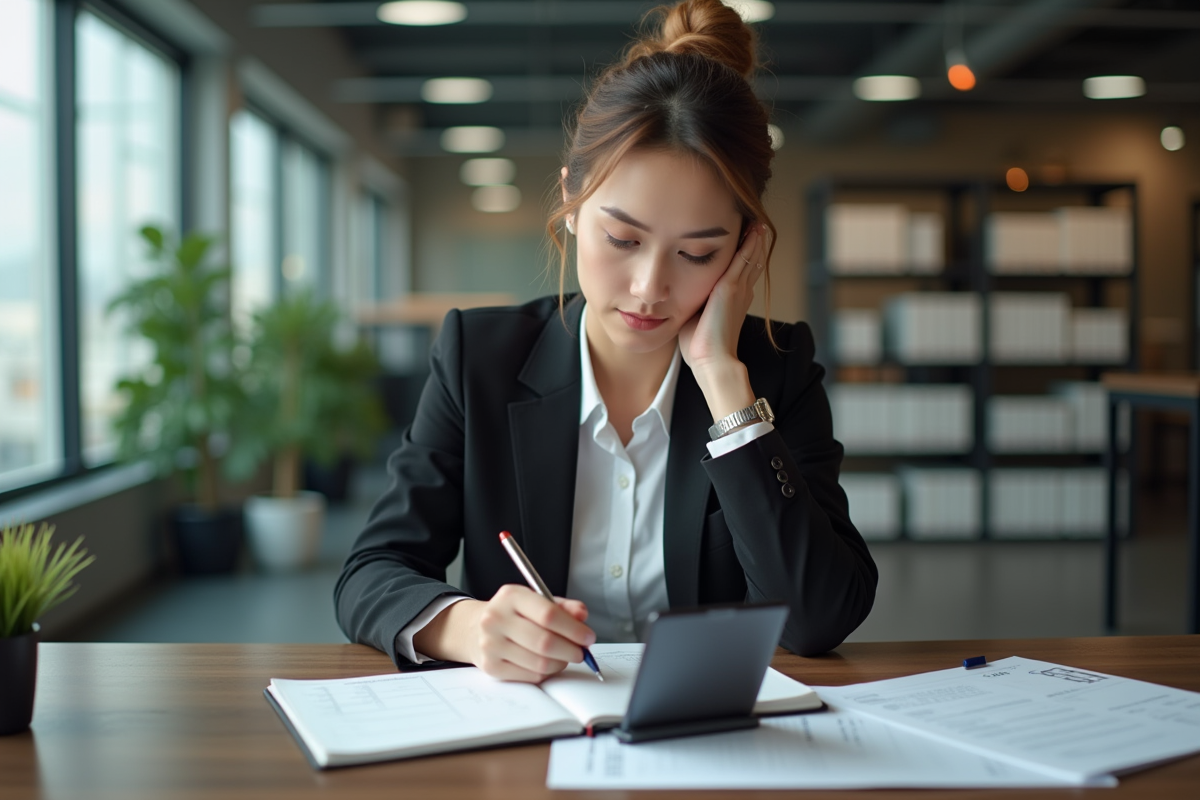 Femme professionnelle calcule son salaire net avec papier et smartphone