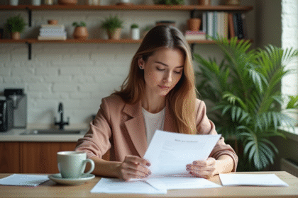 Jeune femme lisant un contrat dans une cuisine lumineuse