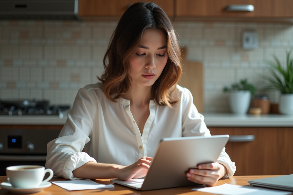 Jeune femme utilisant une tablette dans la cuisine