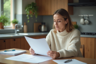Femme examinant des documents dans une cuisine moderne