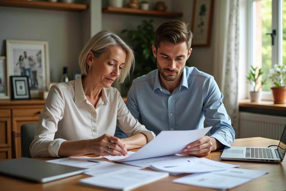 Femme et son fils examinent des papiers financiers à la maison