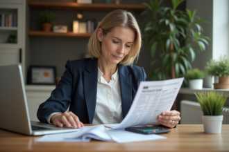 Femme d'affaires examine documents fiscaux à la maison