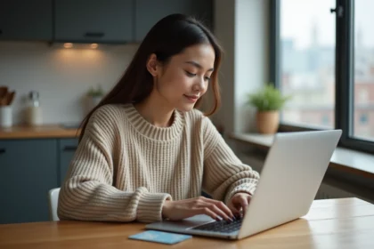 Jeune femme vérifiant son solde de carte prépayée à la maison