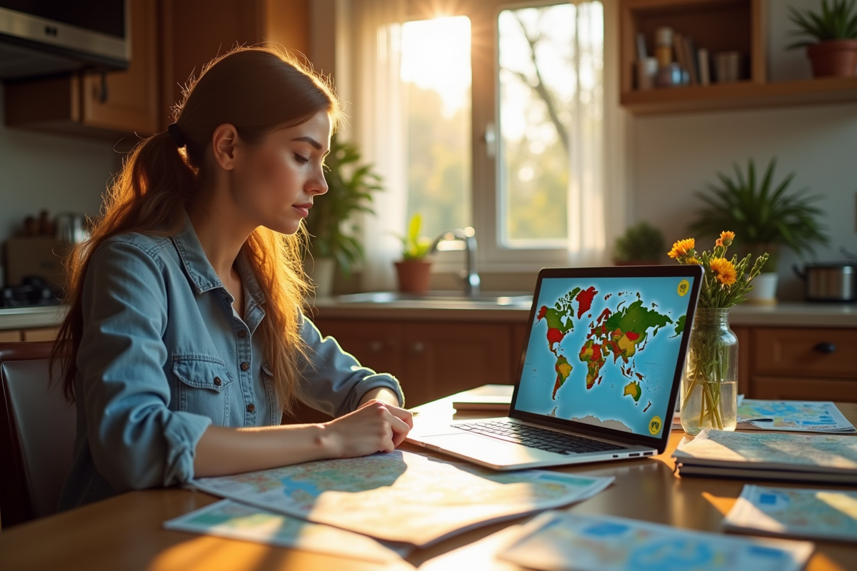 Femme assise à la cuisine avec cartes et ordinateur pour voyager