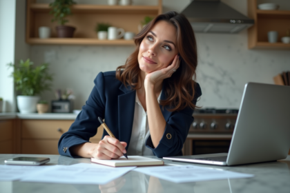 Femme organisée en finances dans sa cuisine moderne