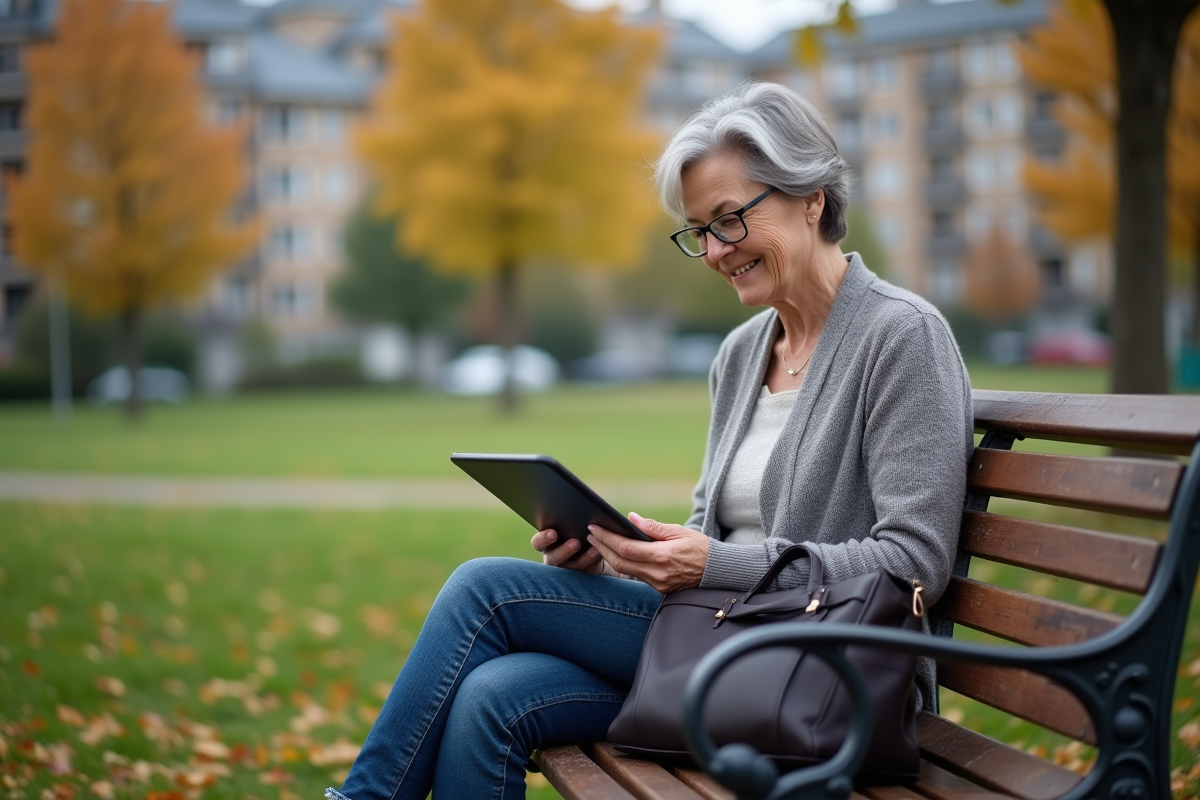 Femme âgée souriante utilise une tablette sur un banc de parc