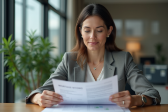 Femme professionnelle examine des documents hypothécaires dans un bureau moderne