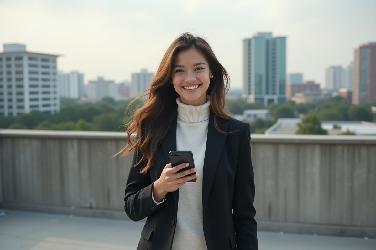Femme souriante avec smartphone bitcoin en extérieur