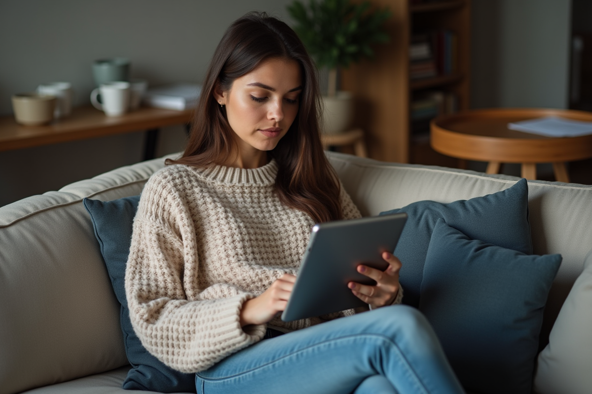 Femme sur canapé gère son portefeuille de cryptomonnaies tranquillement