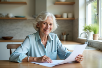 Femme senior souriante dans la cuisine lumineuse