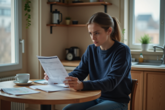 Jeune femme regarde un relevé bancaire à la maison
