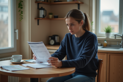 Jeune femme regarde un relevé bancaire à la maison