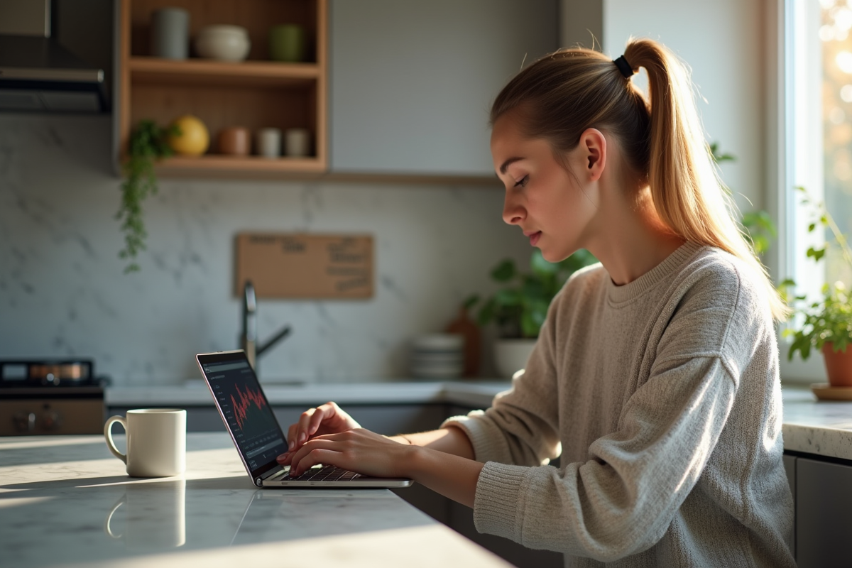 Jeune femme concentrée sur une tablette en cuisine