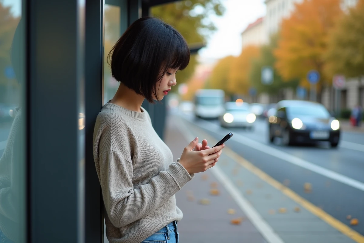 Jeune femme regardant son smartphone avec inquiétude dans la rue