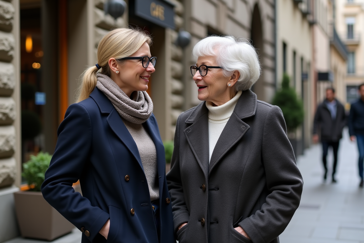 Fille et mère discutant en extérieur dans une rue urbaine