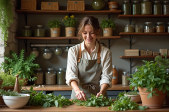 Femme arrangeant des herbes fraîches dans un apothicaire rustique