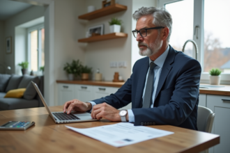 Homme d'affaires examinant des documents d'assurance à la maison