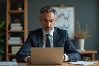 Homme d'affaires examinant un bitcoin dans un bureau moderne