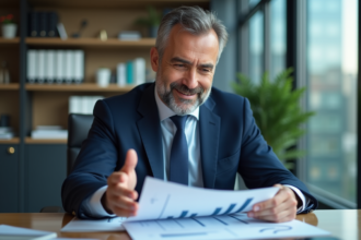 Homme d'affaires en costume analysant un graphique dans un bureau moderne