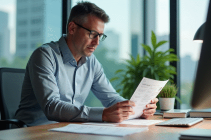 Homme d'affaires en costume lisant un rapport financier