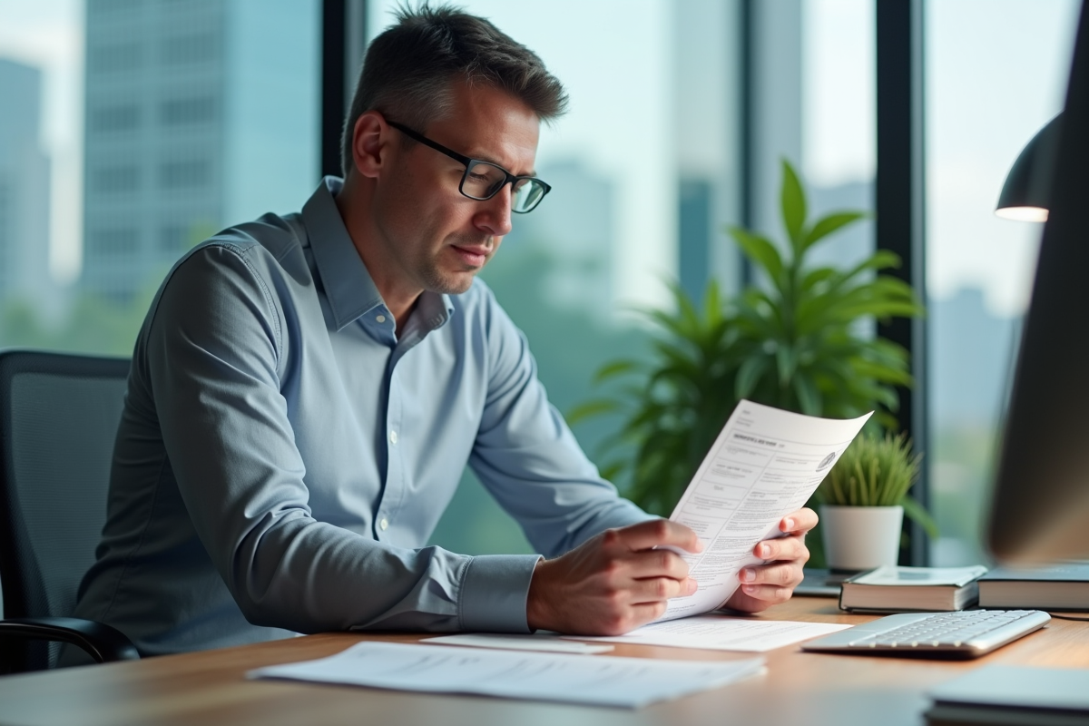 Homme d'affaires en costume lisant un rapport financier