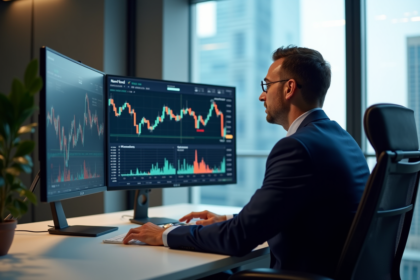 Homme d'affaires en costume regardant des graphiques financiers